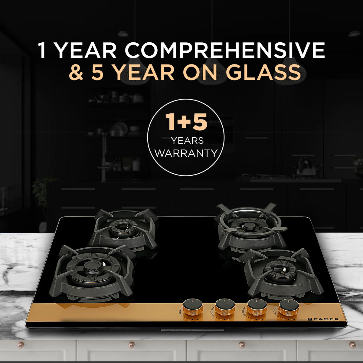 Faber Utopia Pro HT-704 BR CI 70 cm Built-In Gas Hob – 4 Brass Burners, Flame Failure Safety & Auto Ignition