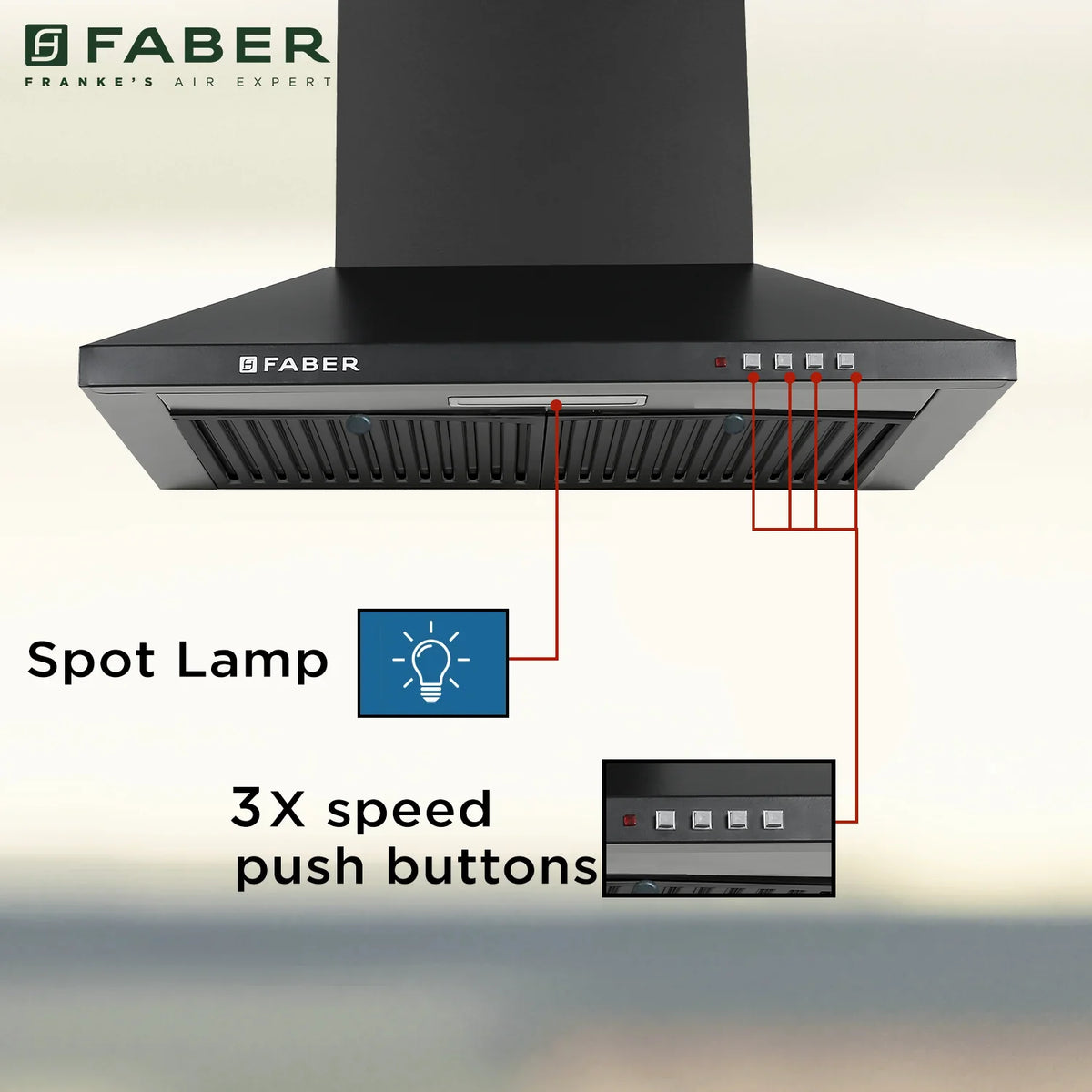 Faber Pluto PB BF BK 60 cm Wall-Mounted Chimney – 1000 m³/hr Suction, Baffle Filter & Push Button Control