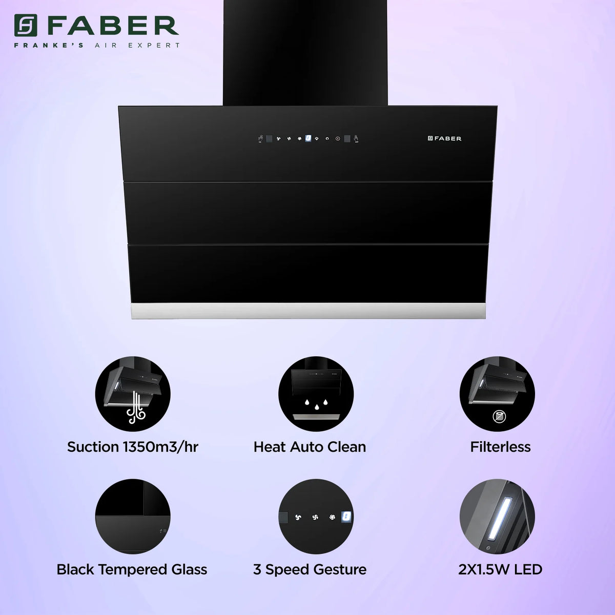 Faber Zenith FL SC AC BK 75 cm Wall-Mounted Chimney – 1350 m³/hr Suction, Filterless Auto-Clean & Gesture/Touch Control-8