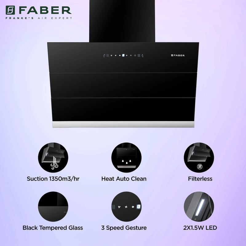 Faber Zenith FL SC AC BK 75 cm Wall-Mounted Chimney – 1350 m³/hr Suction, Filterless Auto-Clean & Gesture/Touch Control-8