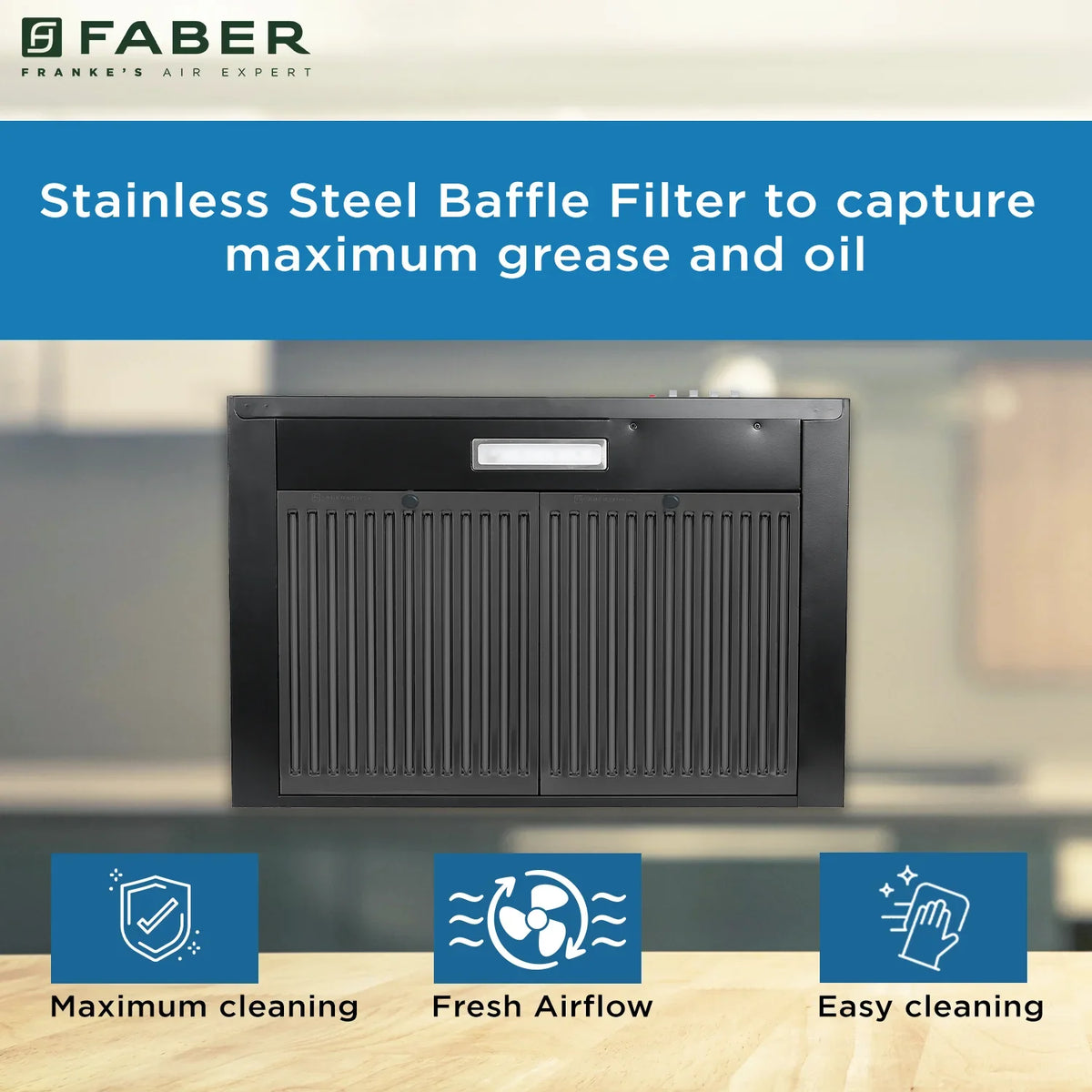 Faber Pluto PB BF BK 60 cm Wall-Mounted Chimney – 1000 m³/hr Suction, Baffle Filter & Push Button Control-10