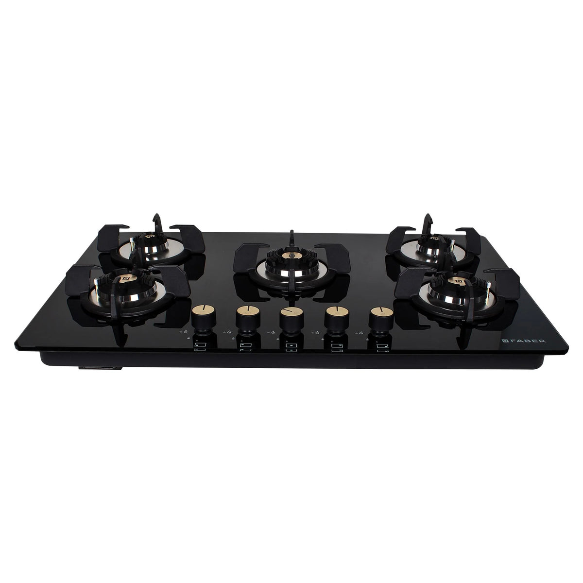 Faber Hob Maxus HT905 CRS BR CI AI – 5-Burner Brass Gas Hob, Black Toughened Glass, Auto Ignition, 90cm