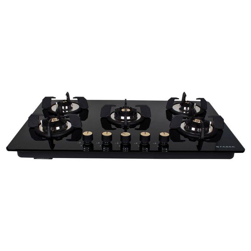 Faber Hob Maxus HT905 CRS BR CI AI – 5-Burner Brass Gas Hob, Black Toughened Glass, Auto Ignition, 90cm-1