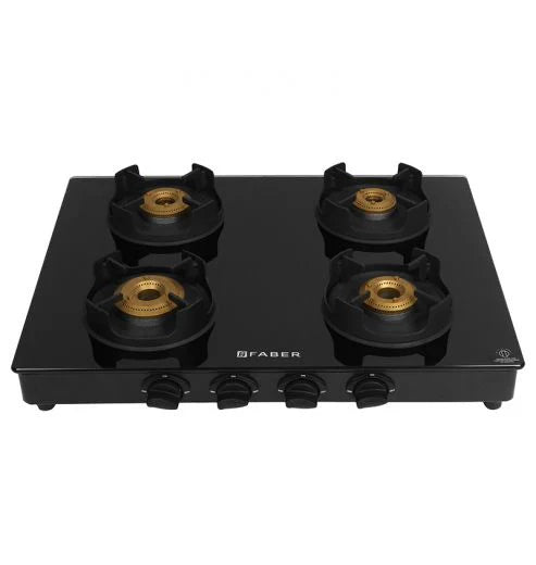Faber Cooktop Onyx 4BB BK CI – 4 Burner Gas Cooktop with Brass Burners, Jumbo Burner, MS Powder Coated Finish