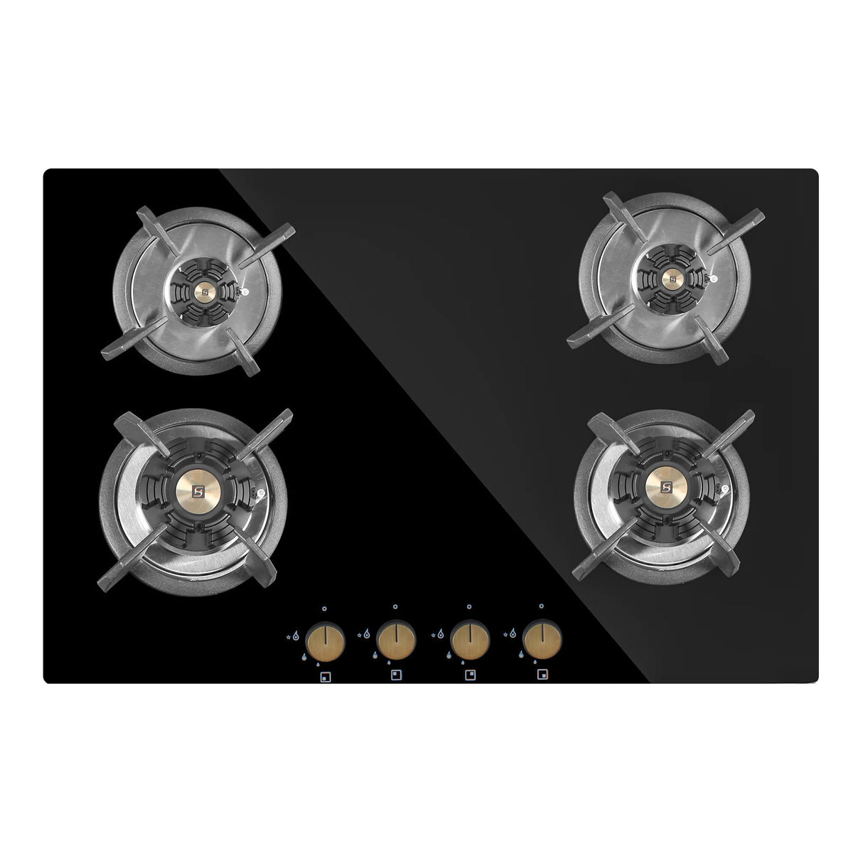 Faber Hob Maxus HT784 CRS BR CI AI – 4-Burner Brass Gas Hob, Tempered Black Glass, Auto Ignition, 78cm