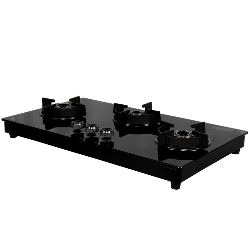 Carysil Olive 3 Burner Gas Cooktop | Brass Burners, Auto Ignition, Black Tempered Glass, Heavy Pan Support-3