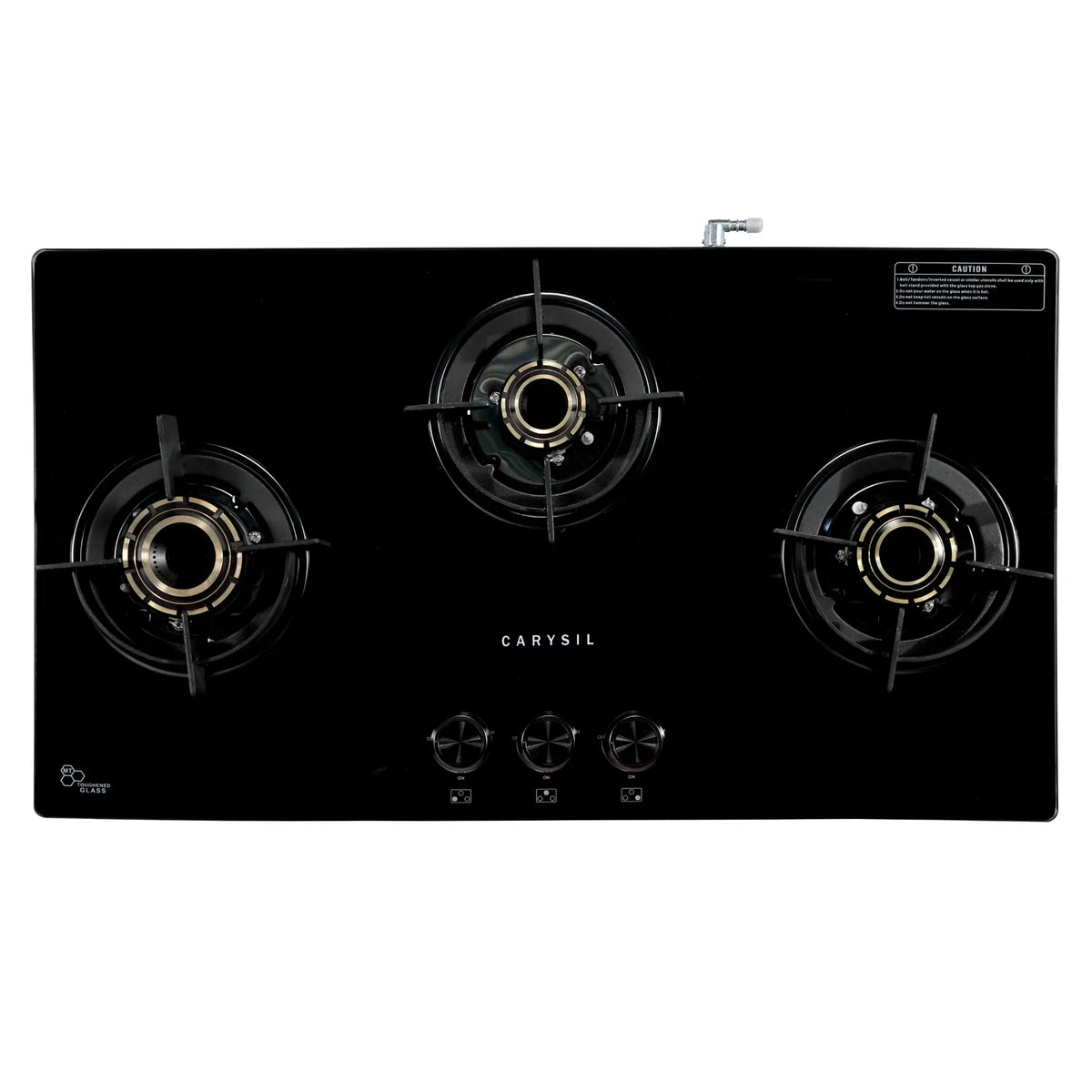 Carysil Olive 3 Burner Gas Cooktop | Brass Burners, Auto Ignition, Black Tempered Glass, Heavy Pan Support-6
