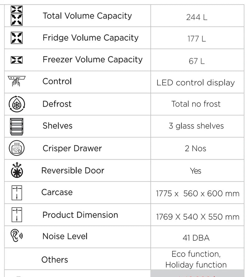Carysil Built-In Refrigerator 244 Litres | Double Door, No Frost, 3 Star Energy Efficient, Low Noise, Door-on-Door Design-4