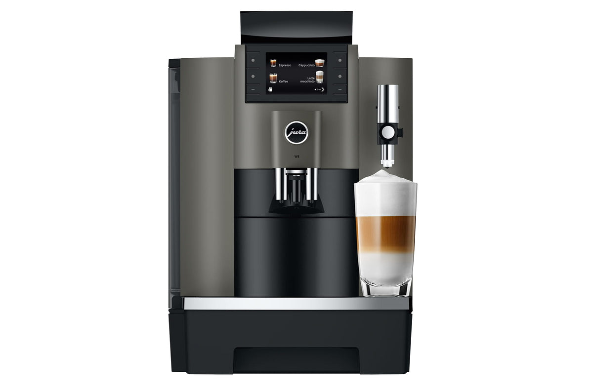 JURA W8 Dark Inox Automatic Coffee Machine (17 Specialities, P.A.G.2 Grinder, One-Touch Cappuccino, Coffee Eye Sensor, Commercial Use)