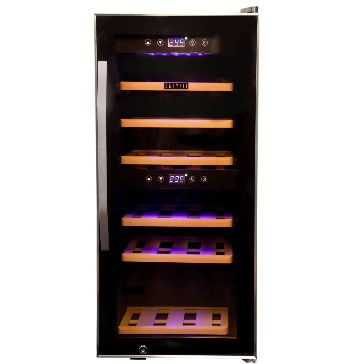 Carysil Wine Chiller – 24 Bottles, Dual Zone Cooling (3°C–20°C), Free Standing Wine Cooler with LED Display, Wooden Shelves & Toughened Glass Door