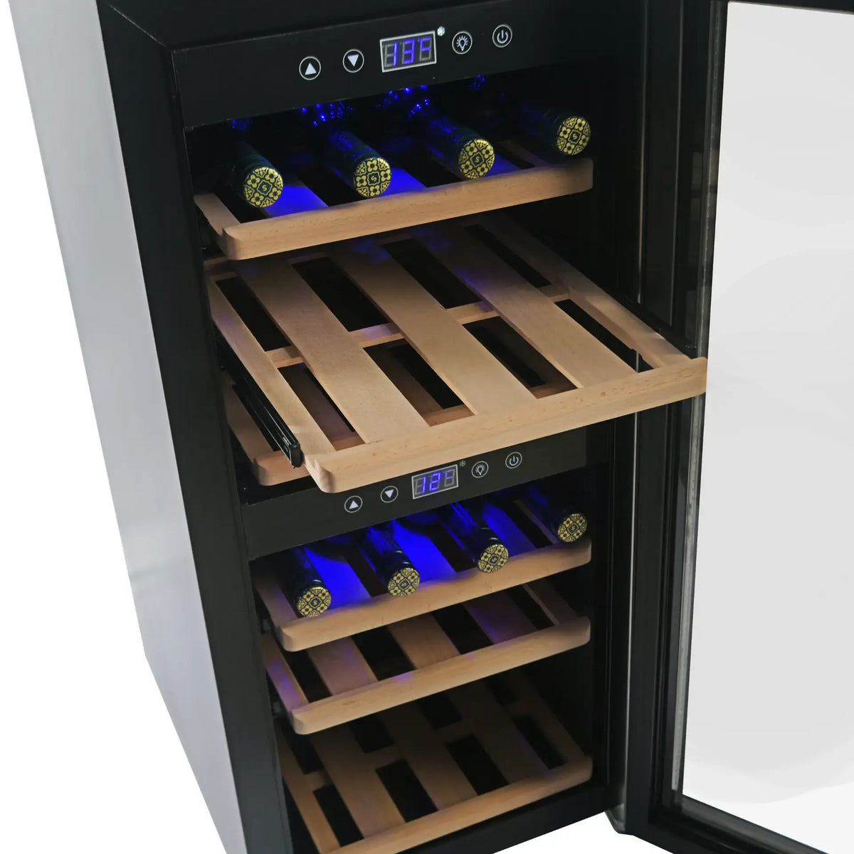 Carysil Wine Chiller – 24 Bottles, Dual Zone Cooling (3°C–20°C), Free Standing Wine Cooler with LED Display, Wooden Shelves & Toughened Glass Door-11