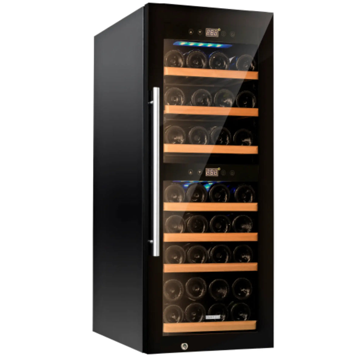 Carysil Wine Chiller – 38 Bottles, Dual Zone Cooling (3°C–20°C), Free Standing Wine Cooler with LED Display, Wooden Shelves & Toughened Glass Door